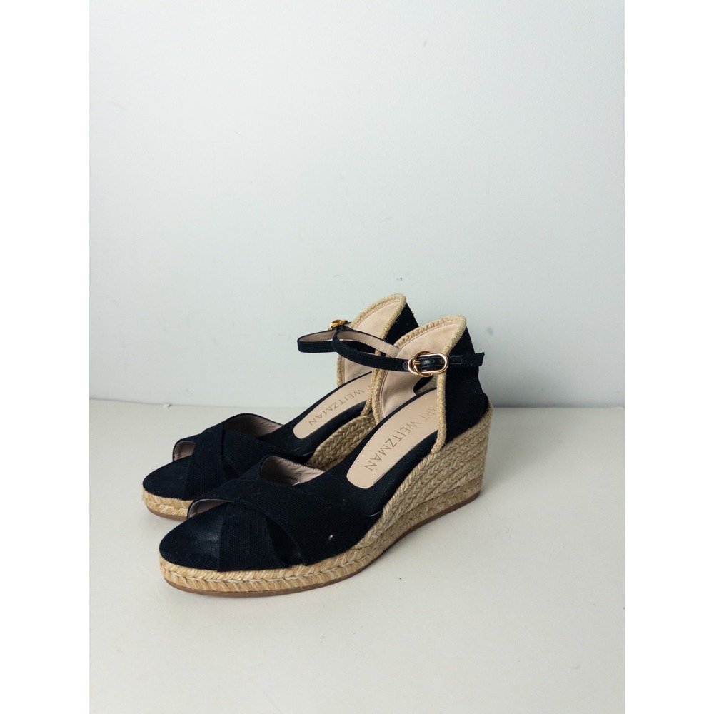 Stuart Weitzman Womens 8.5C Black Canvas Espadrille Wedge Sandals Made in Spain